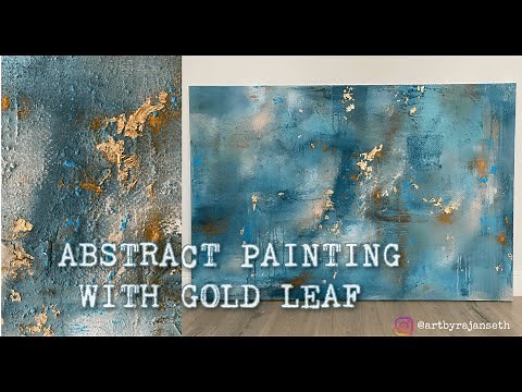 TEAL/BLUE ABSTRACT PAINTING WITH GOLD LEAF