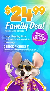 Spring Break has finally arrived! 😎☀️ Score a large 1-topping pizza, drinks and 30 Play Points for only $24.99 through April 20th. Get your coupon now! | Chuck E. Cheese