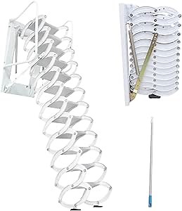 Telescopic Ladder Attic Ladder Pull Down Attic Ladder Alloy Attic Stairs 12 Steps Loft Ladder 9.2FT Wall-Mounted Collapsible Ladders with Armrests (White)