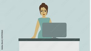 2D animation, portrait of receptionist standing at the reception desk. Zooming in, woman waving and smiling, zooming out. Service, occupation, welcoming.
