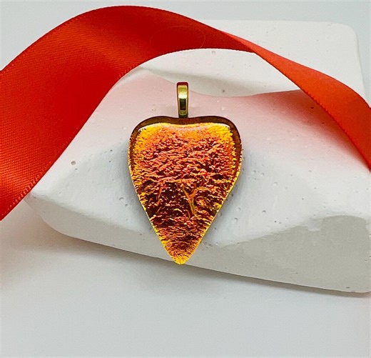 Handcrafted Dichroic Glass Heart Pendant: Metallic Orange Fused Glass Jewelry - Etsy