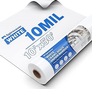 White Crawl Space Vapor Barrier - 10 Mil Vapor Barrier, 10' x 50', Heavy Duty Polyethylene Film, Thick Plastic Sheeting, Plastic Drop Cloth Covering for Crawlspace, Baement