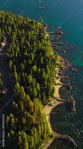 Pine tree forest growing on the shore of Lake Tahoe, California, USA. Highway through the woods with cars on. Amazing blue of the lake with boats on. Vertical video