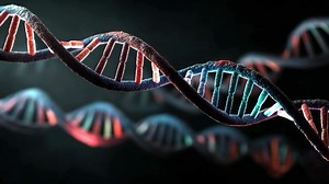 DNA strand is main focus, with foreground helix in clear definition and other coils blurring into background, visualizing molecular world of genetics and biology.