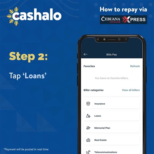 Mas marami nang ways to repay, Kasalo! 😮 Cashalo loan payments can now be made in the CebuanaXpress Mobile app. 📲 Here’s how: 1. Go to ‘Pay Bills’ 2. Tap ‘Loans’ 3. Select ‘Cashalo’ as biller 4. Input your repayment details Payment will be posted in real-time. #CashaloTAYO #CebuanaXpressMobileApp #PaymentOption #OnlineLoans | Cashalo