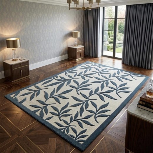 Hand Tufted Wool Rug, Blue Leaf Pattern Carpet, Modern Botanical Area Rug, Handmade Wool Carpet, Living Room Rug, Custom Size Rug - Etsy