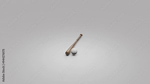 A 360-degree view of a baseball and bat on a gray background. The bat is angled slightly, and the ball’s stitching is clearly visible, showcasing the classic elements of the sport.