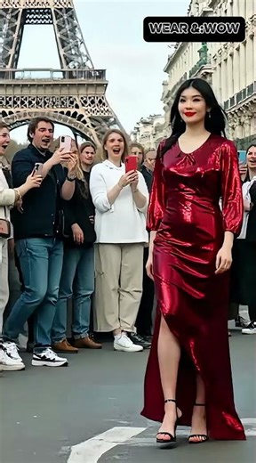 Model Wears Satin Slip Dress Near Eiffel Tower! 😂 Paris Street Fashion Turns Runway Glam!