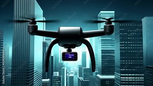 A futuristic drone hovers in the sky, capturing footage over a modern cityscape. The sleek design and advanced technology highlight the innovation and surveillance capabilities of drones in urban envi