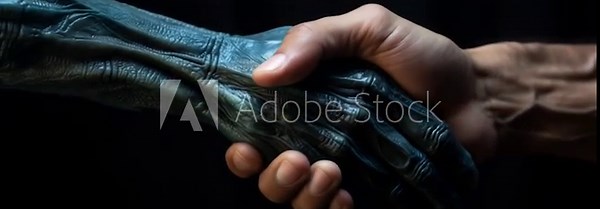 Extraterrestrial alien hand meeting human hand in symbolic handshake representing first contact, intergalactic alliance and conspiracy theories about otherworldly beings
