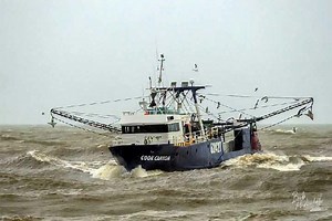 "Riding the waves, the 'Cook Canyon' fishing boat braves the choppy seas, its nets at the ready as seagulls soar overhead, a testament to the rugged life of those who venture into the open waters." | Sea Life