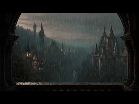 Medieval Window Thunderstorm | Calm Rain Over Castle for Deep Sleep Ambience