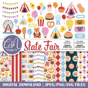 State Fair Seamless Pattern, Digital Paper, Clipart Bundle, Carnival
