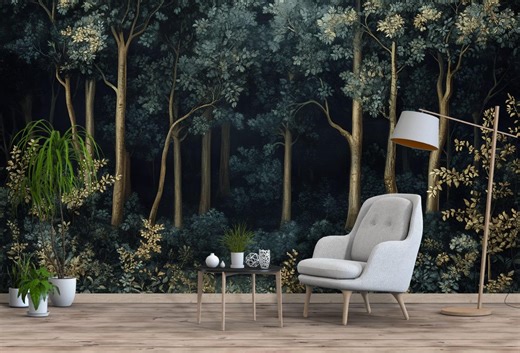 Deep Forest Botanical 3D Wallpaper – Dark Woodland Wall Mural – Luxury Nature-inspired Statement Wall Art for Living Room, Bedroom - Etsy