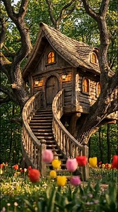 A cozy treehouse cabin you can almost hear. Could you live in a treehouse cabin like this, yes or no? Some homes don’t just sit in nature, they belong to it. This handcrafted wooden treehouse cabin feels like a secret tucked into an ancient oak, with a curved rustic staircase, arched windows, and a warm glow that looks like it’s been waiting for you all along. Surrounded by a lush green forest and a soft carpet of spring tulips and wildflowers, it’s the kind of woodland retreat that makes you br