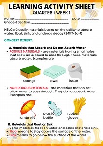 10K views · 144 reactions | SCIENCE Grade 4 LMs / IMs QUARTER 1 WEEK 1 MELCs: Classify materials based on the ability to absorb water, float, sink, and undergo decay (S4MT-Ia-1) for details message https://www.facebook.com/eihv.eihv.9 | Strategic Intervention Materials | Facebook