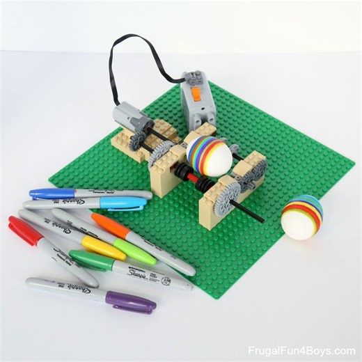 Grab the bucket of LEGO bricks and help the kids make an EGG DECORATING MACHINE! I included a part lists in the post - that power supply is totally worth it. INSTRUCTIONS HERE: http://frugalfun4boys.com/2017/03/30/lego-egg-decorating-machine/ | Frugal Fun for Boys and Girls
