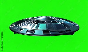 3d render UFO spacecraft spinning animation on green screen backdrop
