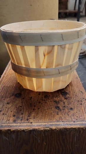 Lake Effect Snow and COLD, but cozy inside the factory. Making bushel, half bushel and half peck (4 qt) baskets today. Check out our half peck baskets being made! #greenfieldbasketmanufacturing #basketmaker #halfpeck | Greenfield Basket Manufacturing