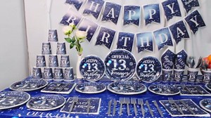 142Pcs 13th Birthday Tableware Decorations for Boys Sliver Blue Happy 13 Birthday Party Supplies Disposable Tablecloth,Plates,Napkins,Cups,Forks and Knives for Boys 13th Birthday Party