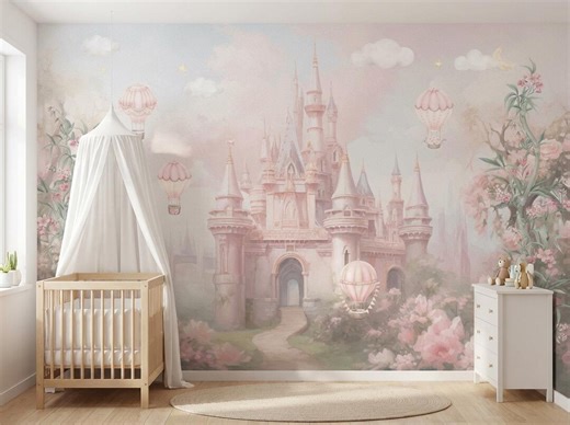 Fairy Tale Castle Wallpaper – Pastel Hot Air Balloon Peel and Stick Kids Mural - Etsy
