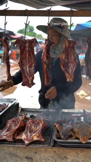 Roasted Lizard Meat at a Southeast Asian Street Market | Real Traditional Market Life