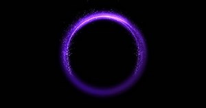 Abstract random flow animation of colorful particles through neon portal. Vibrant hues of purple create a dynamic scene, where circle of light bloom and splash in smooth and continuous motion