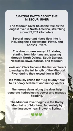 The Missouri River is more than just a river Flowing through history, shaping landscapes, and powering communities. #DidYouKnow #MissouriRiver #RiverFacts #USGeography #NatureFacts | Wulan Dari