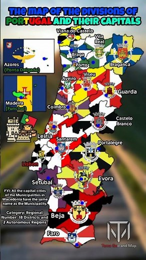 The map of the divisions of Portugal and their capitals