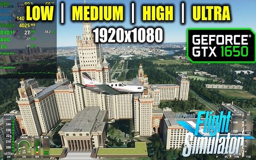 (机翻字幕)GTX 1650在微软飞行模拟2020 1080p不同画面设置下的表现