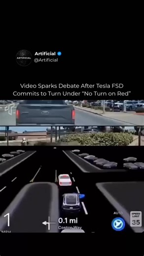 Artificial on Instagram: "Follow US (@ARTIFICIAL) to learn something NEW everyday 🚀 Comment ‘AI’ to get access to our Weekly AI Business Newsletter. A new viral clip shows a Tesla running Full Self-Driving making a turn despite a “No Turn on Red” sign. There’s no dramatic hesitation, it just commits, and that’s why people are reacting so strongly. Whether it was a misread of the sign, a bad judgement call, or the driver misunderstanding what the system was doing, it highlights the bigger issue:
