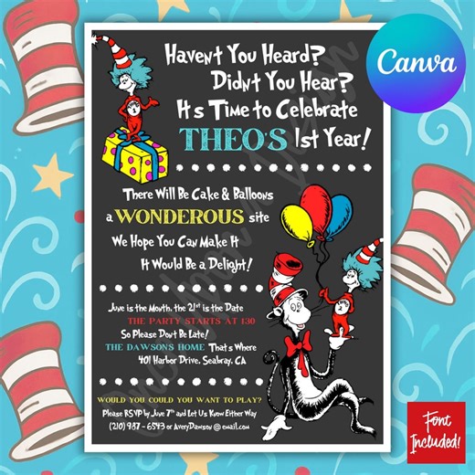 Dr. Seuss Cat in the Hat Birthday Invitation, Editable Canva Pro Template (5x7, Font Included) - Etsy
