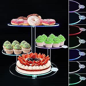 Rechargable LED Light Cupcake Stand, Light Up Cake and Cupcake Stand Combo, 4 Tier Round Dessert Table Display Set, Acrylic Cake Stands for Party Food Home Decor Wedding Birthday