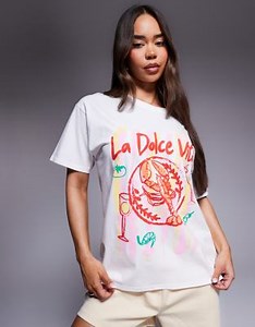 Kaiia exclusive cotton La Dolce Vita lobster graphic oversized t-shirt in white | ASOS