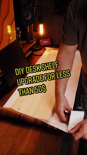 HOW TO MAKE YOUR OWN DESK SHELF: Step 1: Buy a standard wood panel from your local store (Home Depot, Bauhaus etc) and either get it cut or use an electrical saw to cut it down to 46” x 9” (116,8cm x 22,86cm) Step 2: Using a hairdryer, stick on the adhesive film making sure to use a plastic card to get rid of any bubbles which might form. Make sure to make the corners look clean by using a precision blade/knife (I rushed my process so it wasn’t perfect, but you can make it perfect by taking your