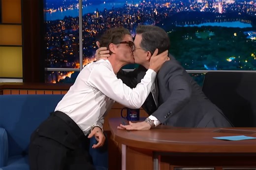 Pedro Pascal kisses Stephen Colbert as outgoing host embraces chaos
