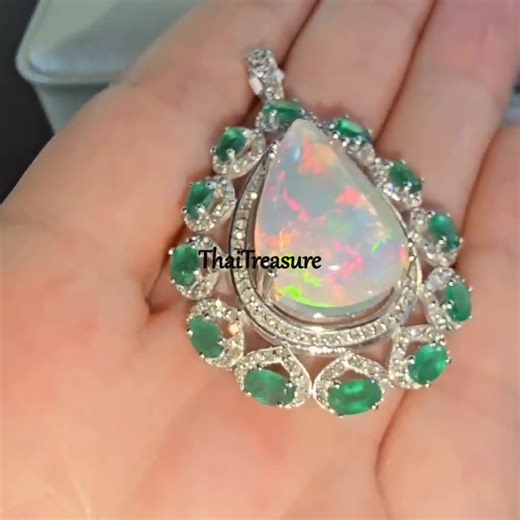 Natural Fire Opal, Emerald & Diamond Sterling 925 Silver Pendant, Christmas Gift, Women's Fashion Jewelry - Etsy