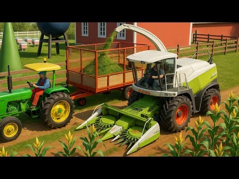 Tractor and Forage Harvester Collecting Corn Silage - Busy Day of Farm Work with Trailer Transport