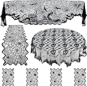 7 PCS Halloween Lace Spiderweb Tablecloth, Fireplace Mantle scarf Table Runner Round Black Spider Web Table Cover Topper for Halloween Home Party Decor
