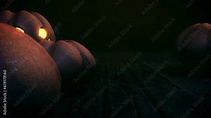 Spooky halloween background with pumpkin face and spider web on ground looped