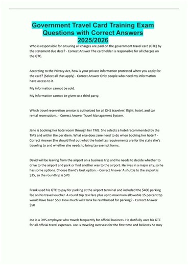 Government Travel Card Training Exam Questions with Correct Answers 2025/2026