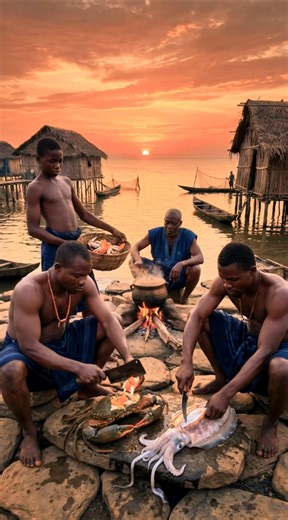 Giant Crab & Cuttlefish Feast! Ilaje Tribe Sunset Seafood Stew 🦀🦑 #tribalfood #triballife #shorts