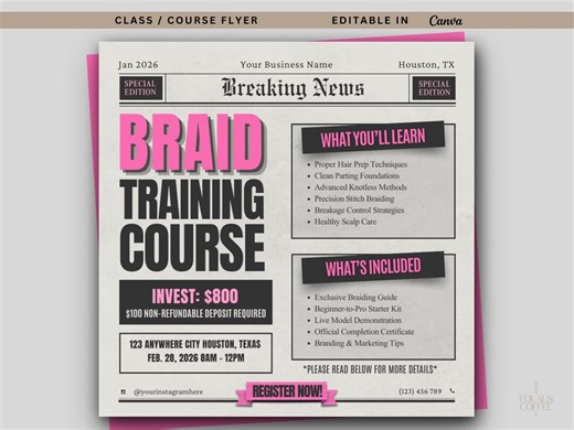 Braiding Class Flyer, Braid Training Workshop Flyer, Braid Course Flyer Template Braid Class Flyer, Braid Masterclass Flyer Canva Editable - Etsy
