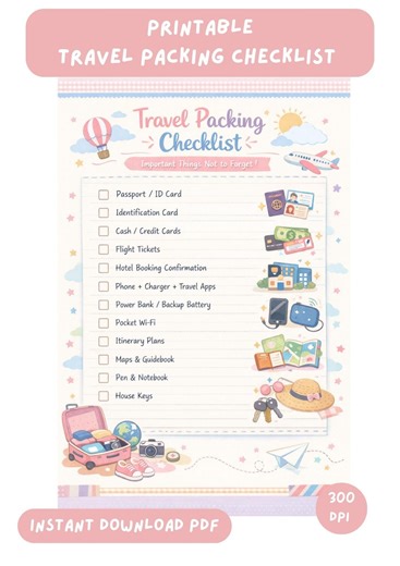 Travel Packing List Printable PDF Digital Checklist Vacation Planner Instant Download - Etsy