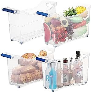 DoubleFill 4 Pcs Plastic Storage Bin on Wheels with Handle for Kitchen Organization,Clear Food Storage Containers with Rollers Pantry Organizers and Storage for Cabinet Craft Office Toy