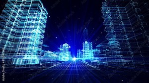 4K 3D Digital Virtual Smart City Cyberspace In The City Loop Background. Flying icon Numbers And Codes. Technology Business. Virtual reality hologram digital Wireframe environment.