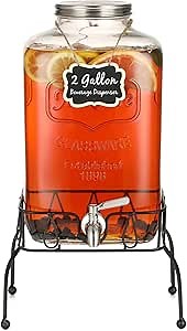 2 Gallon Glass Beverage Dispenser with Stand, Stainless Steel Leakproof Spigot and Lid, Glass Drink Dispensers for Parties, Water Beverage Dispenser