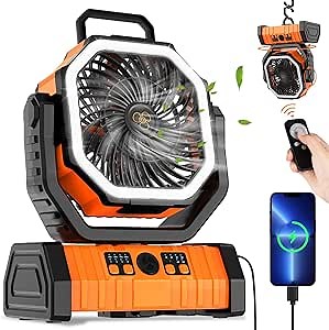 Camping Fan Rechargeable, 20000mAh Large Battery Powered Fans, 4 Speed Rechargeable Fan Portable with Remote, Cordless Battery Operated Fans with LED Light and Hanging Hook for Camp Tent Beach Outdoor