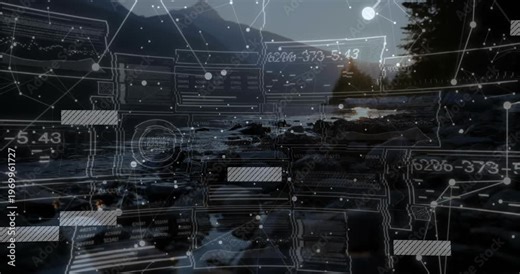 HUD overlay initializing, sliding panels pulsing ring and mapping rocky shoreline data