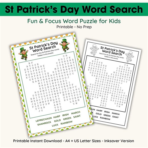 St Patrick’s Day Word Search Printable – Kids Holiday Activity Sheet With Answer Key – Classroom Game – A4 & US Letter – Color   Ink Saver - Etsy